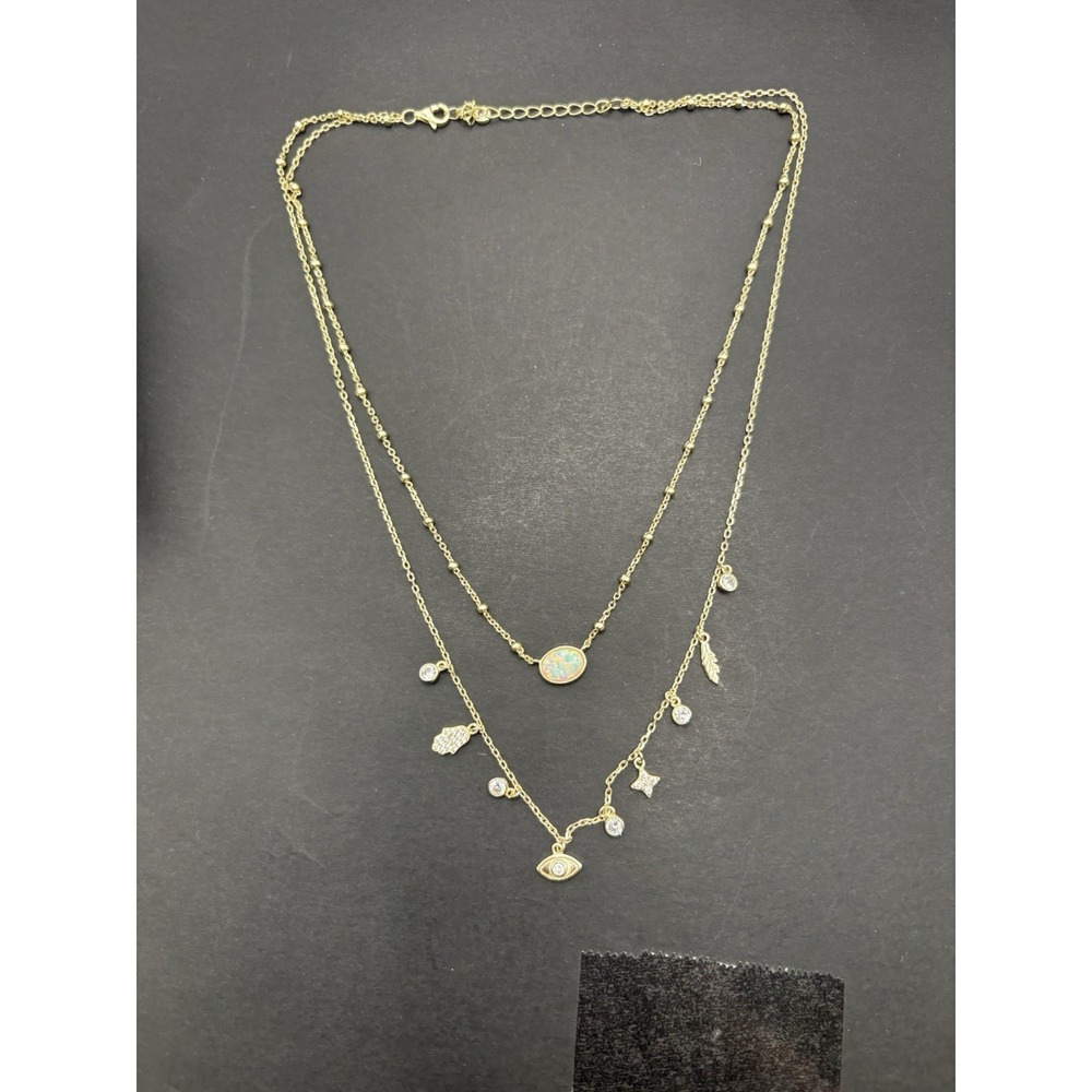 Gold Sterling Silver Opal Cubic Zirconia Layered Necklace Evil Eye Hamsa 6g
